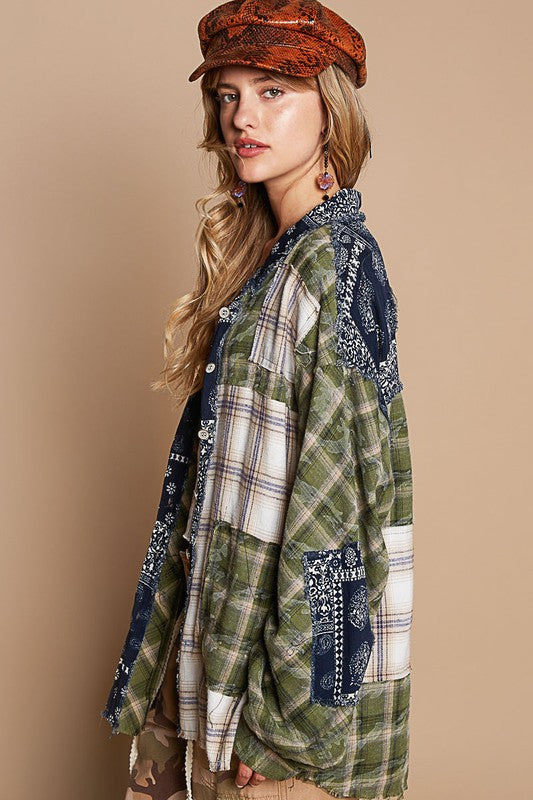 POL Patchwork Plaid Button Up Shirt